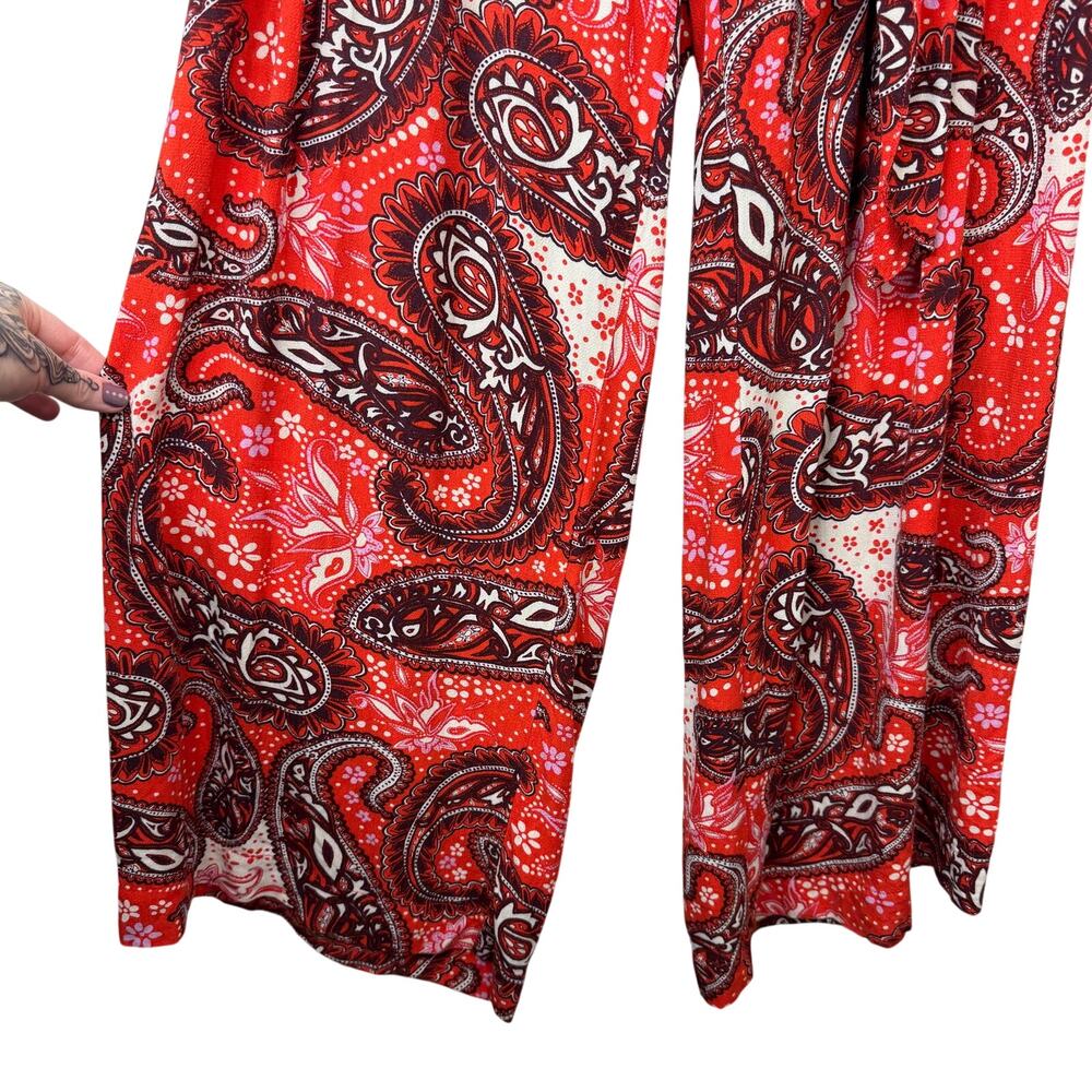 Free People Double Trouble Tiger Lily Combo Red Paisley Boho Tie Wide Leg Pants - Picture 5 of 9